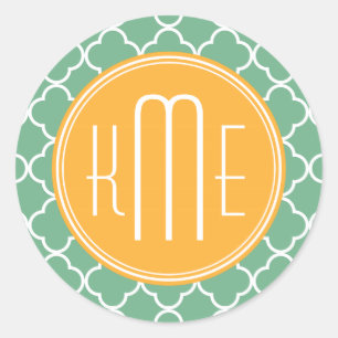 Sticker Rond Chic Turquoise Quatrefoil vert avec Monogramme Jau
