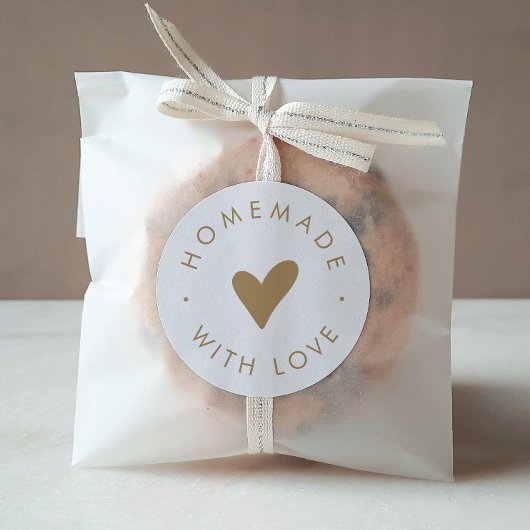 Sticker Rond Chic Typographie Dorée Cœur Fabriqué avec Amour