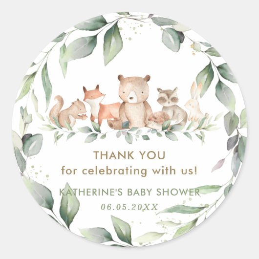 Sticker Rond Chic verdure Bois Animaux Baby shower Faveurs (Devant)