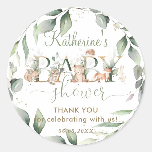 Sticker Rond Chic verdure Bois Animaux Baby shower Favoriser (Devant)