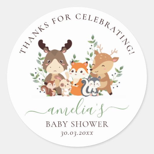 Sticker Rond Chic verdure Bois Animaux Baby shower neutre (Devant)