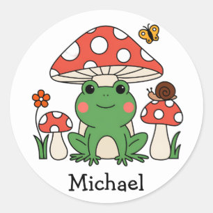 Sticker Rond Chic vintage Cute Happy Green Frog and Mushrooms