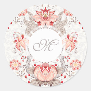 Sticker Rond Chic Vintage motif floral damask Monogram Stick