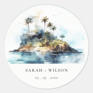 Sticker Rond Chic Watercolor Seascape Palm Tree Island Mariage