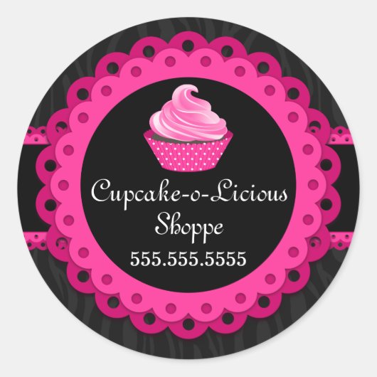 Sticker Rond Chic Zebra Pink Dentelle Cupcake Boulangerie Boîte (Devant)