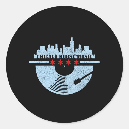 Sticker Rond Chicago House Music Vinyl Dj Raver drapeau Skyline (Devant)