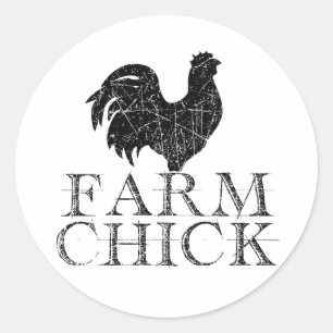 Sticker Rond Chick à la ferme noire avec coq