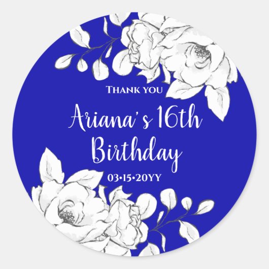 Sticker Rond Chick Moderne Royal Bleu Blanc Floral Merci Cla (Devant)