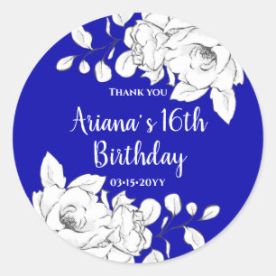 Sticker Rond Chick Moderne Royal Bleu Blanc Floral Merci Cla