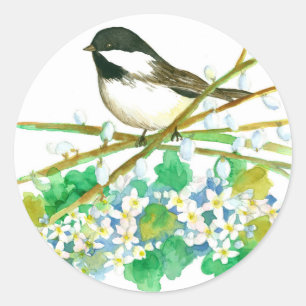 Sticker Rond Chickadee Bird May Flower Catkins Willow Branches