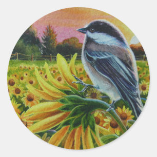 Sticker Rond Chickadee Bird Sunflower Farm Aquarelle Art