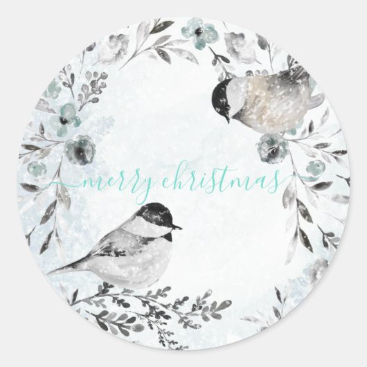 Sticker Rond Chickadee Birds d'hiver Dusty Blue Wreath Noël (Devant)