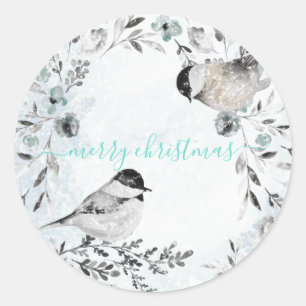 Sticker Rond Chickadee Birds d'hiver Dusty Blue Wreath Noël