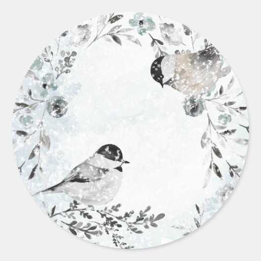 Sticker Rond Chickadee Birds d'hiver Dusty Blue Wreath Noël (Devant)