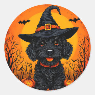 Sticker Rond Chien adorable avec un chapeau de sorcière pour Ha