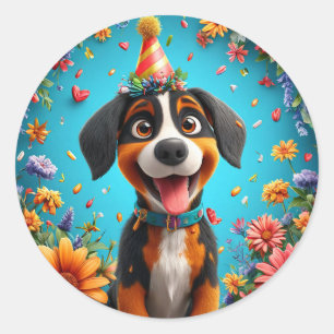 Sticker Rond Chien adorable célébrant une fête d'anniversaire