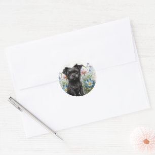 Sticker Rond Chien Affenpinscher mignon dans un champ de fleurs