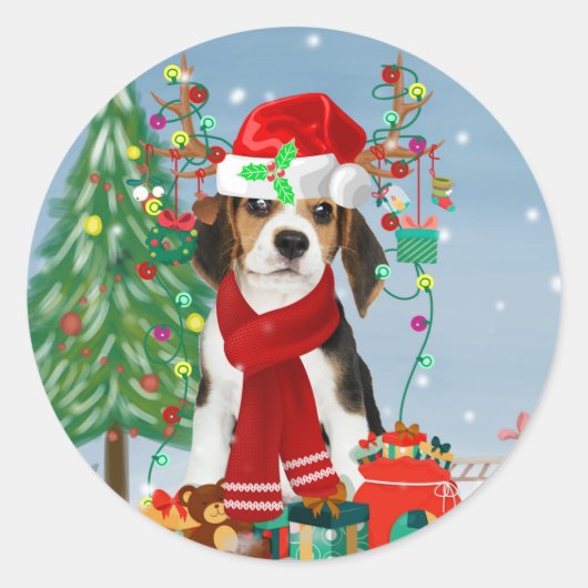 Sticker Rond Chien beagle en neige avec cadeaux de Noël (Devant)