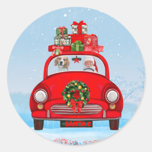 Sticker Rond Chien beagle En Voiture Avec Le Père Noël