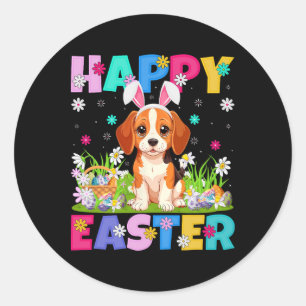 Sticker Rond Chien Beagle Joyeuses Pâques Chasse aux œufs Lapin