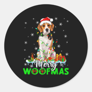 Sticker Rond Chien Beagle Joyeux Woofmas Drôle Lumières Xmas Ch