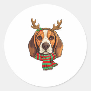 Sticker Rond Chien beagle Noël Rendeer Santa Hat Funny Noël
