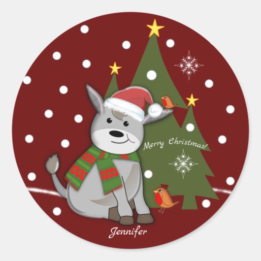 Sticker Rond Chien bébé de Noël et texte personnalisé / nom (Devant)