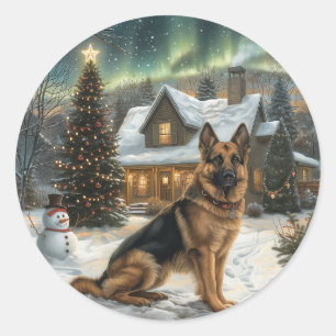 Sticker Rond Chien berger allemand de Noël