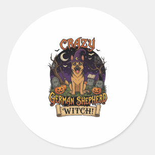 Sticker Rond Chien Berger Allemand Fou Sorcière Halloween Citro