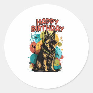 Sticker Rond Chien berger allemand joyeux fête d'anniversaire S