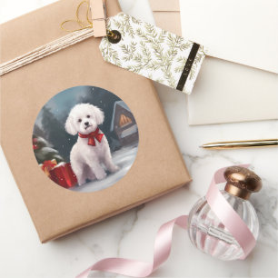 Sticker Rond Chien Bichon Frise dans la neige de Noël