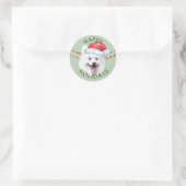 Sticker Rond Chien blanc Samoyé Santa Hat Joyeuses Fêtes (Sac)