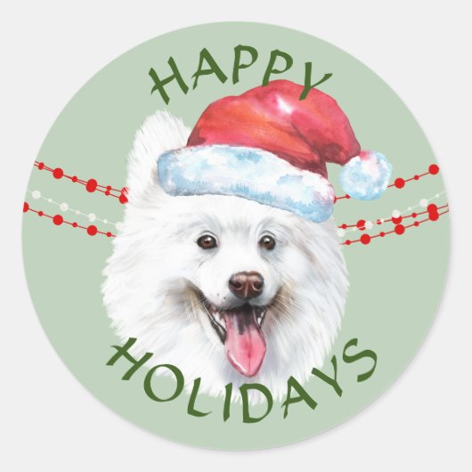 Sticker Rond Chien blanc Samoyé Santa Hat Joyeuses Fêtes (Devant)