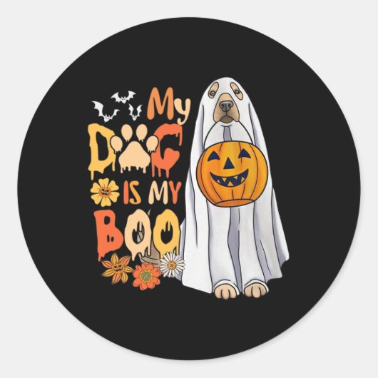 Sticker Rond Chien Boo Halloween mignon Chien Avec Citrouille F (Devant)