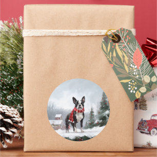 Sticker Rond Chien Boston Terrier dans la neige de Noël
