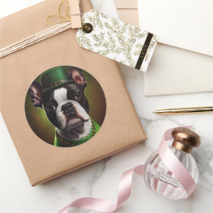 Sticker Rond Chien Boston Terrier en robe de la Saint-Patrick