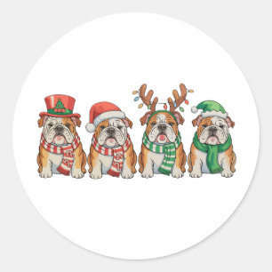 Sticker Rond Chien Bouledogue Anglais de Noël Chapeau de Père N