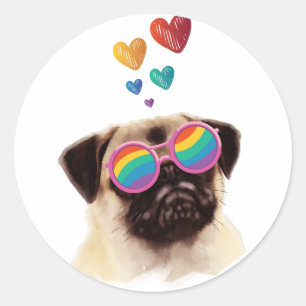 Sticker Rond Chien Carlin avec coeurs Saint-Valentin