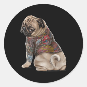 Sticker Rond Chien carlin Avec Dragon Japonais Traditionnel Tat
