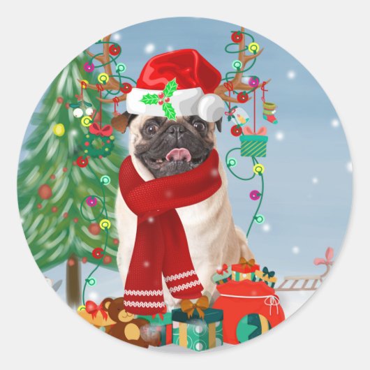 Sticker Rond Chien carlin en neige avec cadeaux de Noël (Devant)