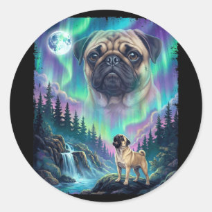 Sticker Rond Chien carlin hurleur aurore boréale lune forêt