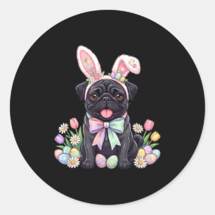 Sticker Rond Chien carlin noir lapin de Pâques oeufs mignon pri