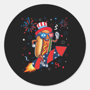 Sticker Rond Chien chaud 4 juillet Fusée patriotique et feux d'