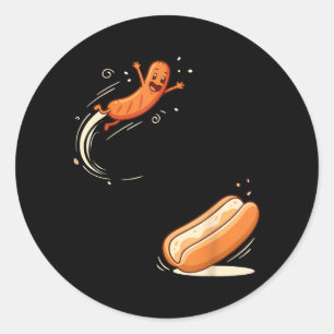 Sticker Rond Chien Chaud Drôle Saute Dans La Bun Saucisse Bbq H