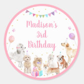 Sticker Rond Chien Chien rose Fille Paw-ty Anniversaire (Devant)