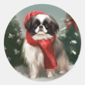 Sticker Rond Chien chinois japonais à Noël de neige (Devant)