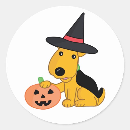 Sticker Rond Chien chiot d'Halloween en sorcier Casquette avec  (Devant)