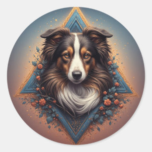Sticker Rond Chien Collie avec un fond géométrique vibrant