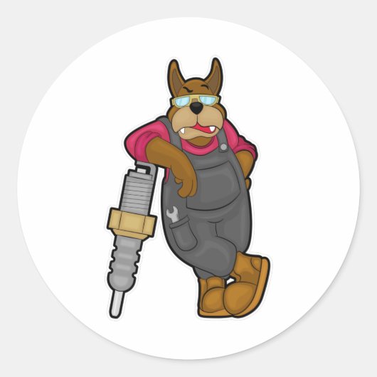 Sticker Rond Chien comme mécanicien avec bougie (Devant)