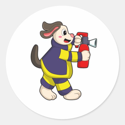Sticker Rond Chien comme pompier avec extincteur (Devant)